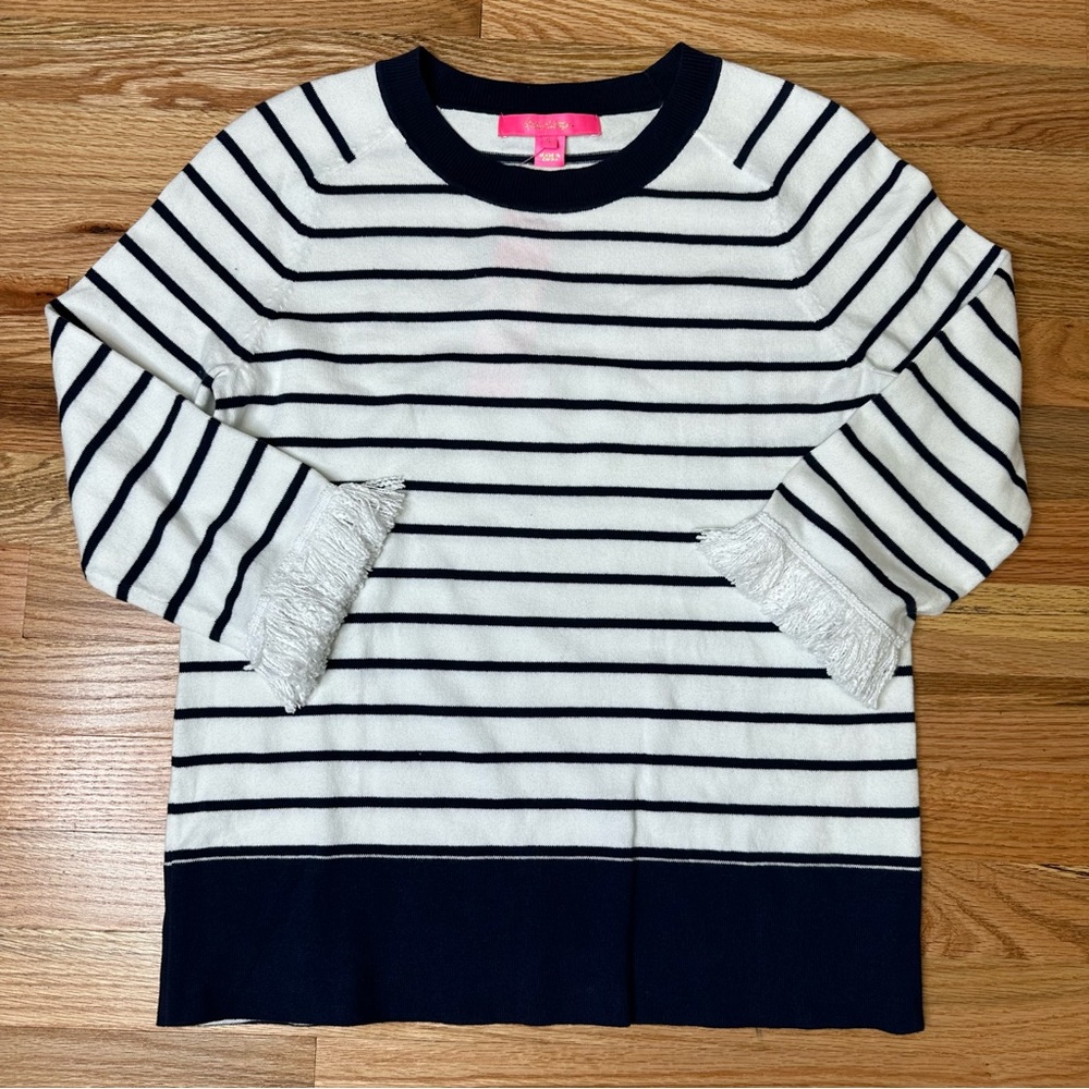 NWT LILLY PULITZER Small True Navy Dasha Fringe Sweater